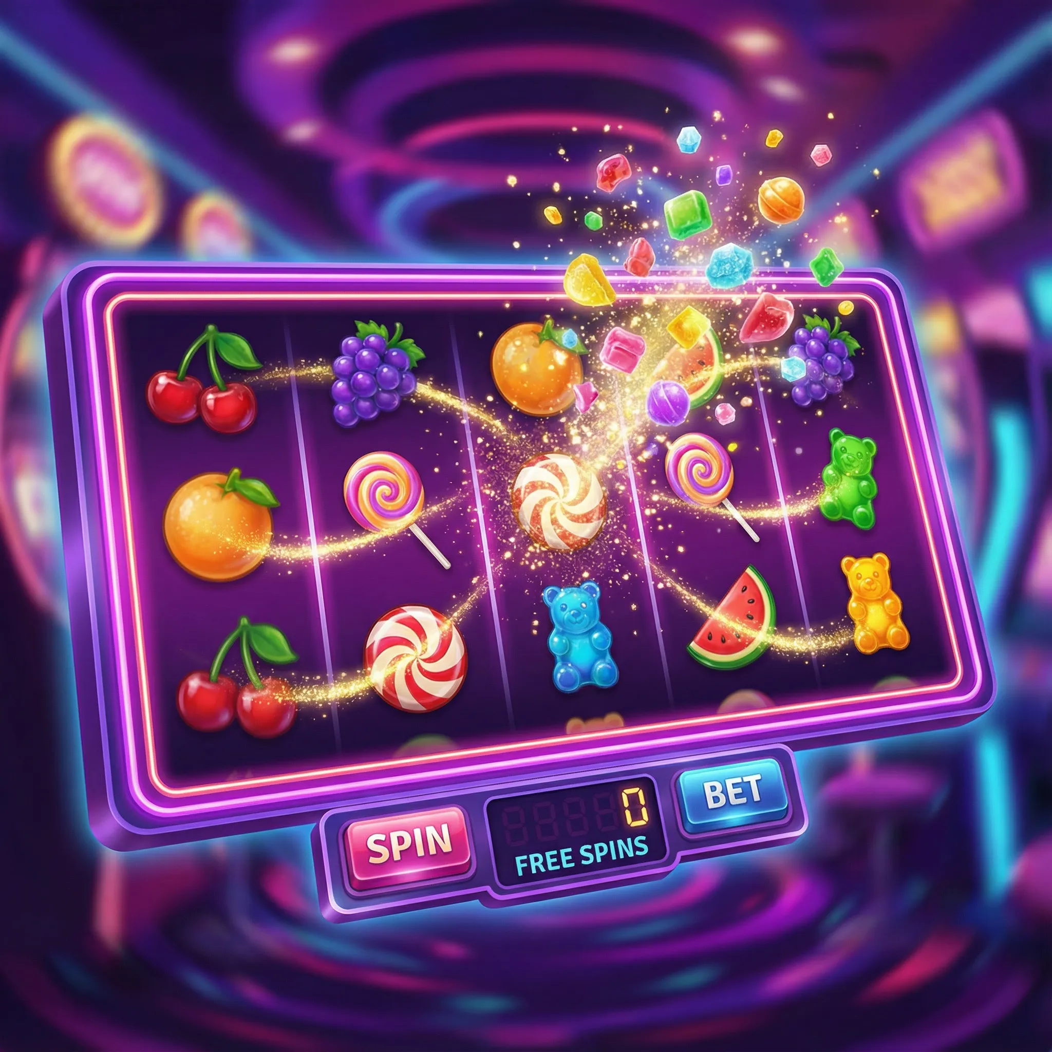 Caça-níqueis coloridos com tema de doces no tradicionalbet